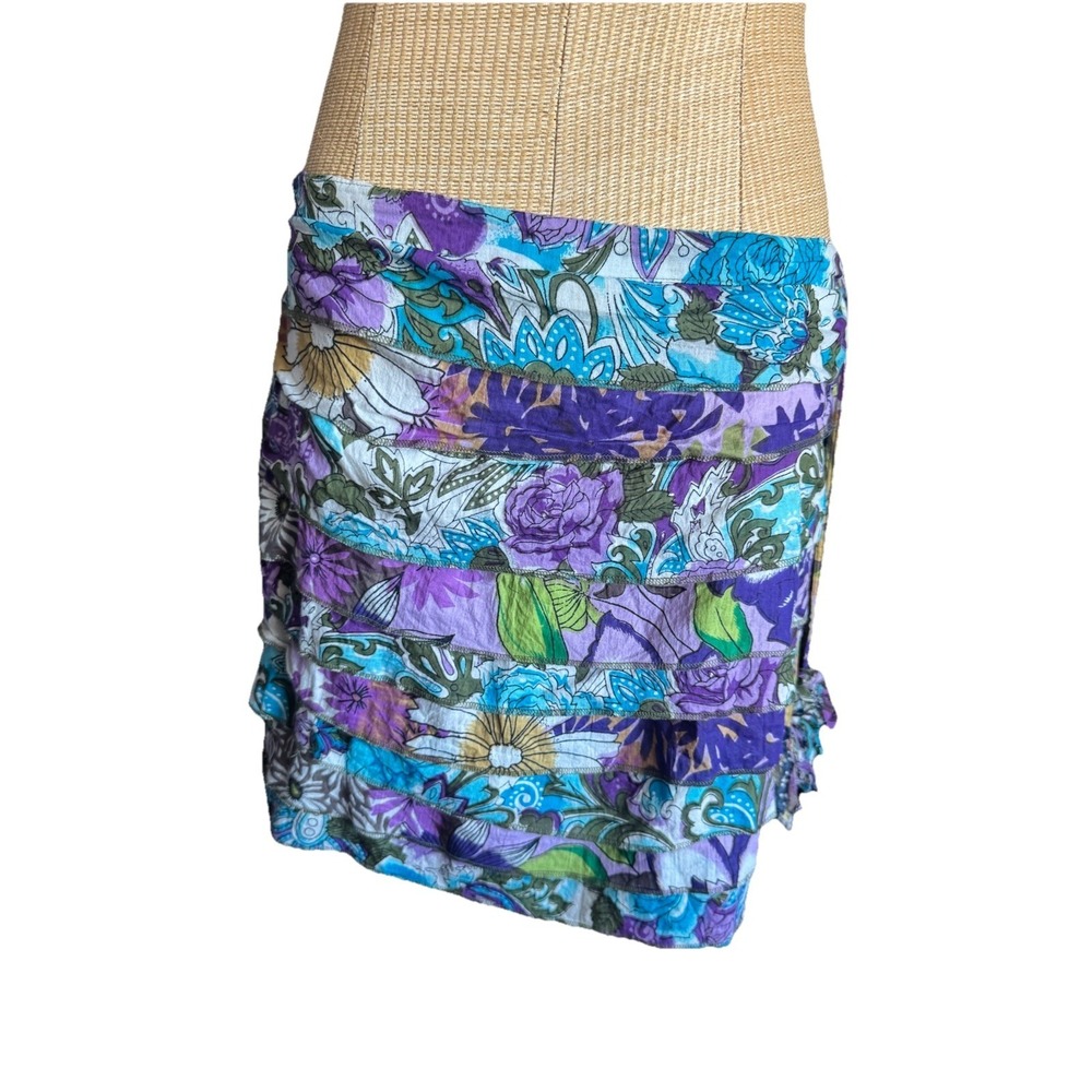 Etc. Y2K Low Rise Mini Skirt- Purple Blue Floral Paisley Tiered Boho Tassles Med